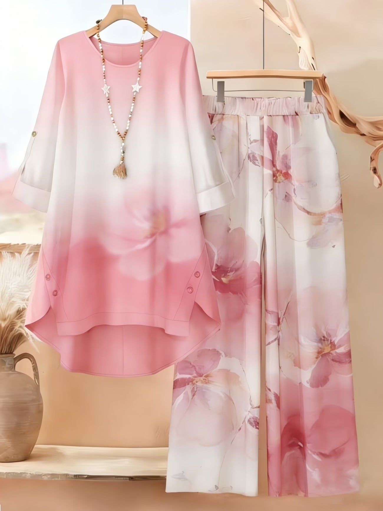Asymmetrical Top with Floral Gradient Printed Wide-Leg Pants | Bohemian Everyday Style