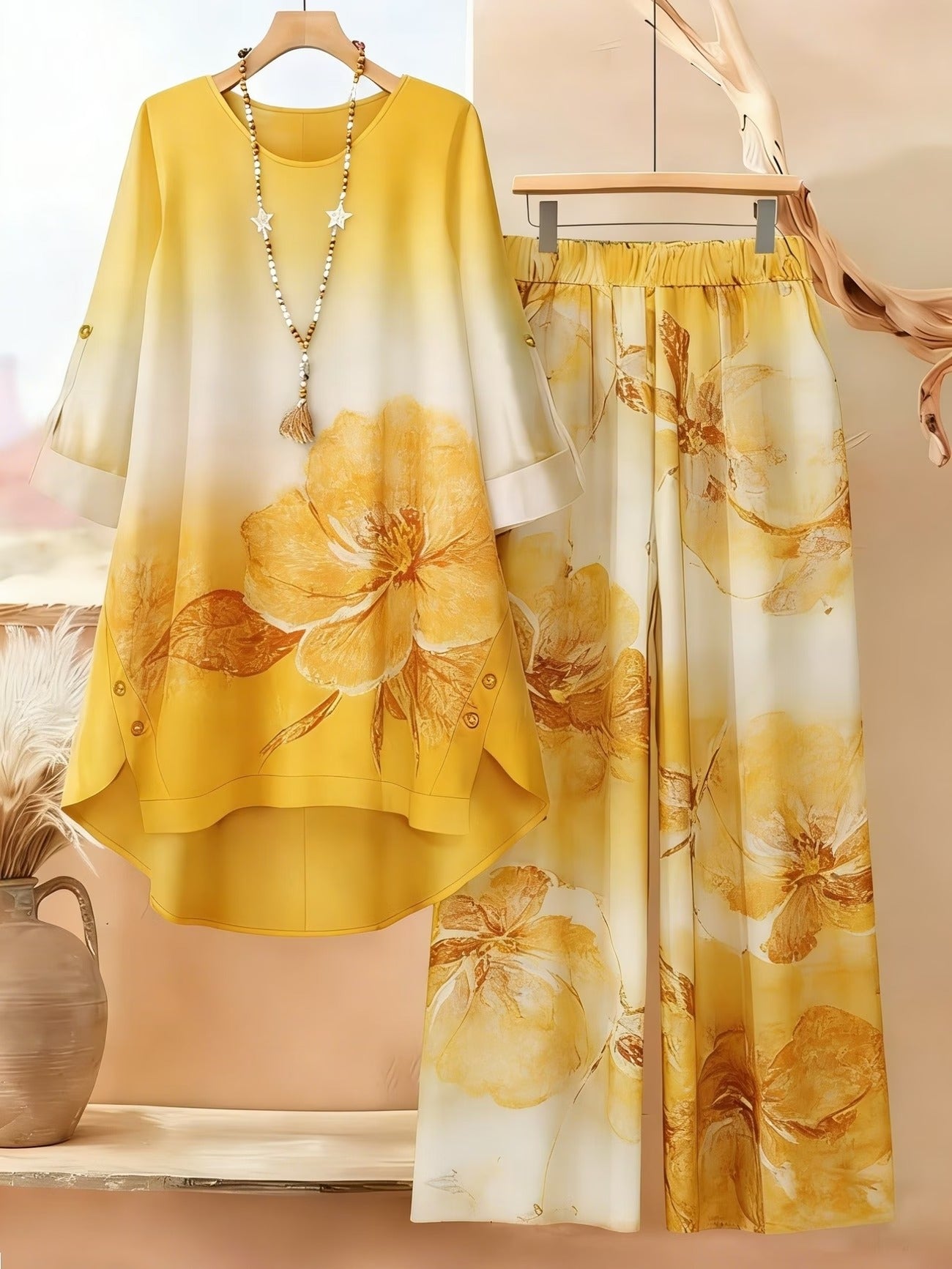 Asymmetrical Top with Floral Gradient Printed Wide-Leg Pants | Bohemian Everyday Style