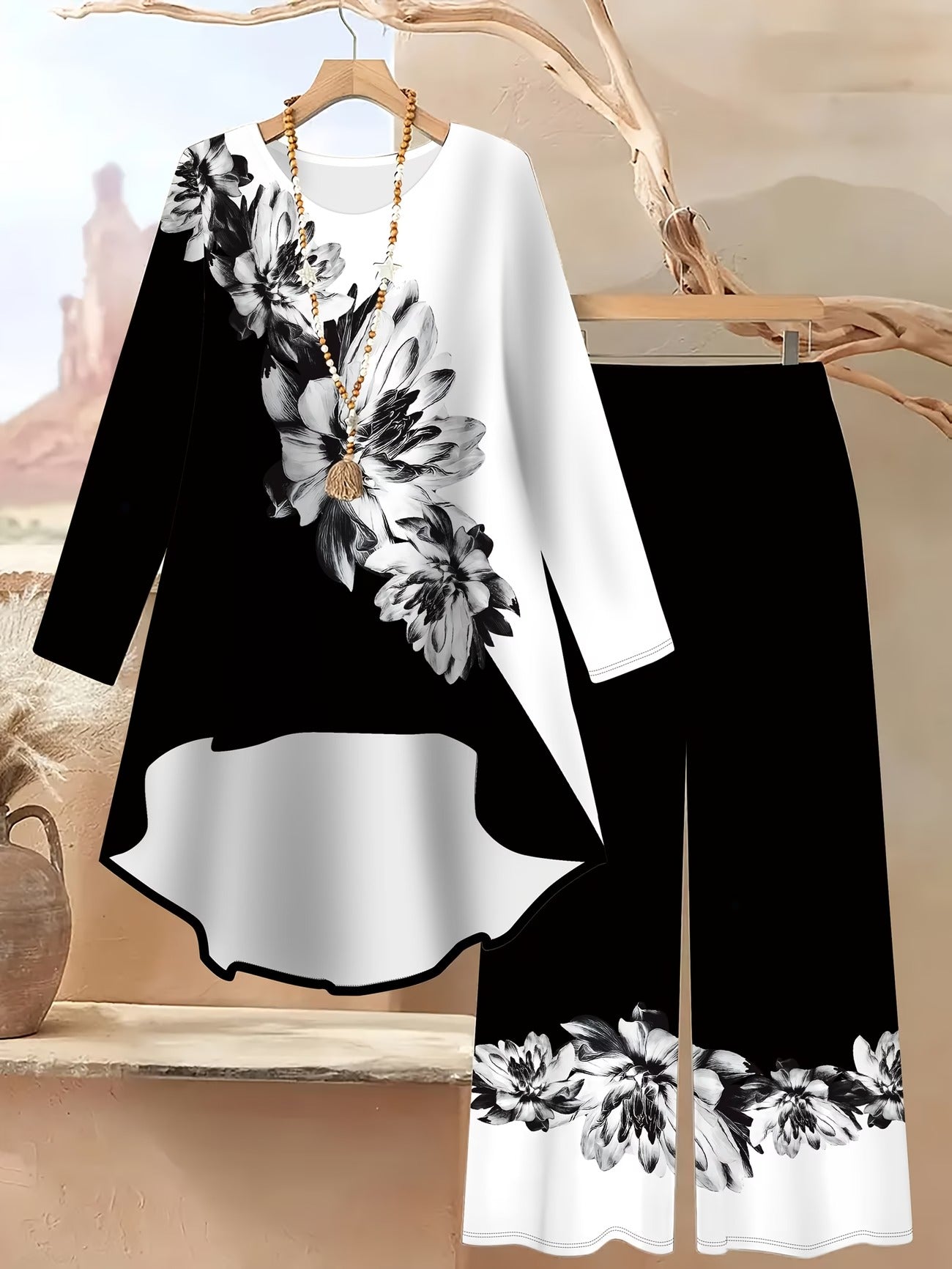 Autumn And Winter Women'S Vacation Printed Elegant Casual Loose Long-Sleeve Top And Pants Two-Piece Set for Fall