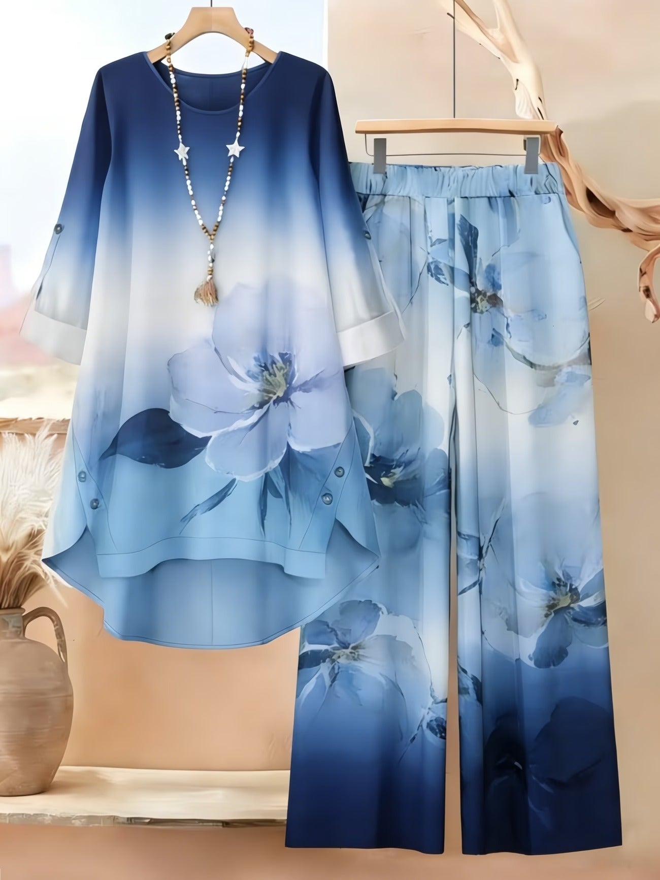Asymmetrical Top with Floral Gradient Printed Wide-Leg Pants | Bohemian Everyday Style