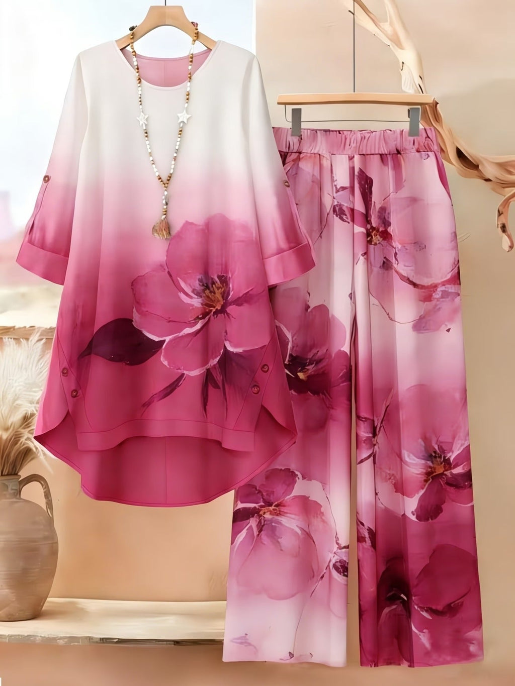 Asymmetrical Top with Floral Gradient Printed Wide-Leg Pants | Bohemian Everyday Style