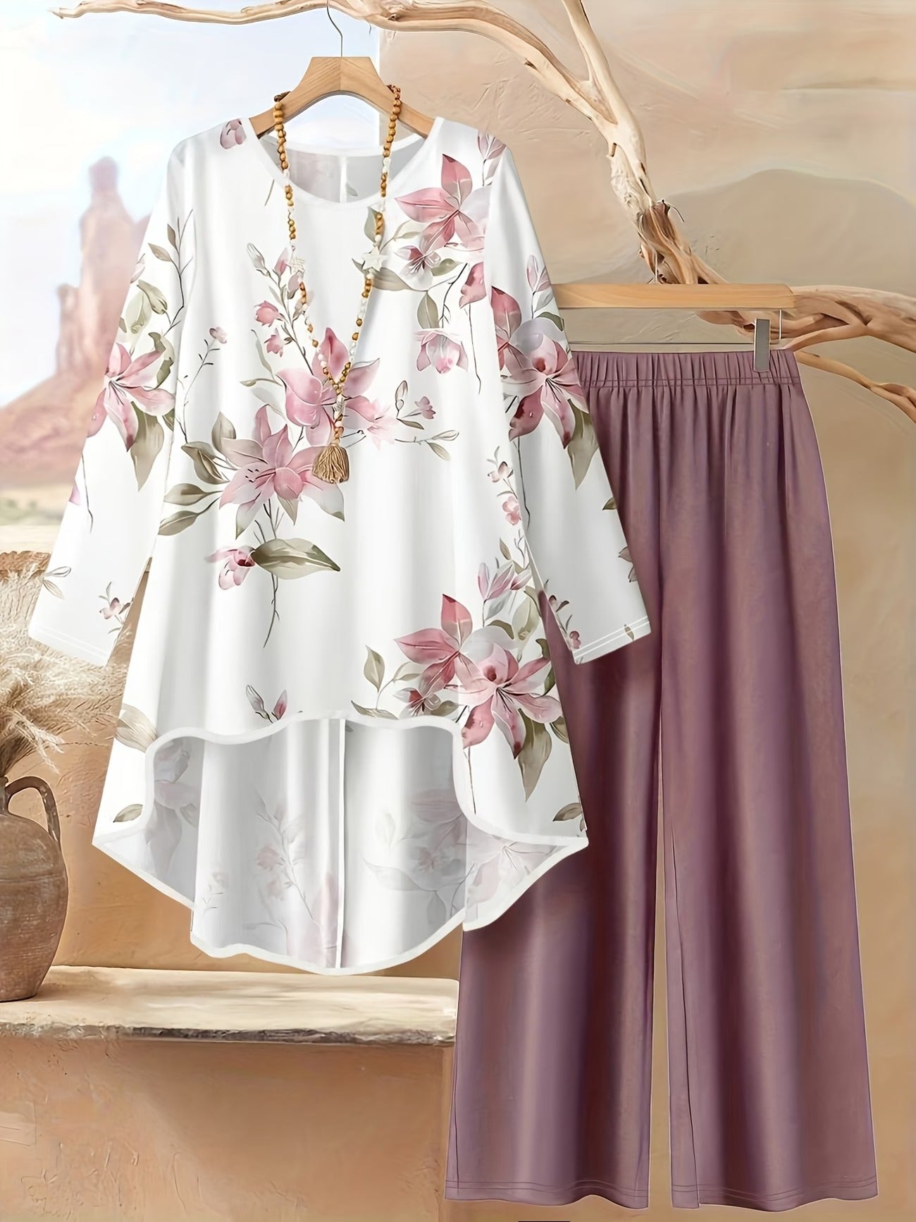 Autumn And Winter Women'S Vacation Printed Elegant Casual Loose Long-Sleeve Top And Pants Two-Piece Set for Fall
