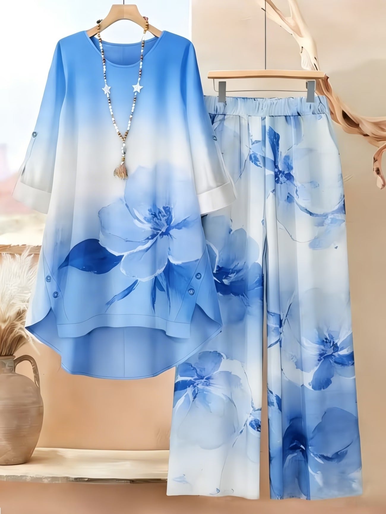 Asymmetrical Top with Floral Gradient Printed Wide-Leg Pants | Bohemian Everyday Style