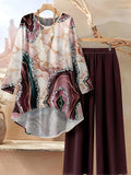 Autumn And Winter Women'S Vacation Printed Elegant Casual Loose Long-Sleeve Top And Pants Two-Piece Set for Fall