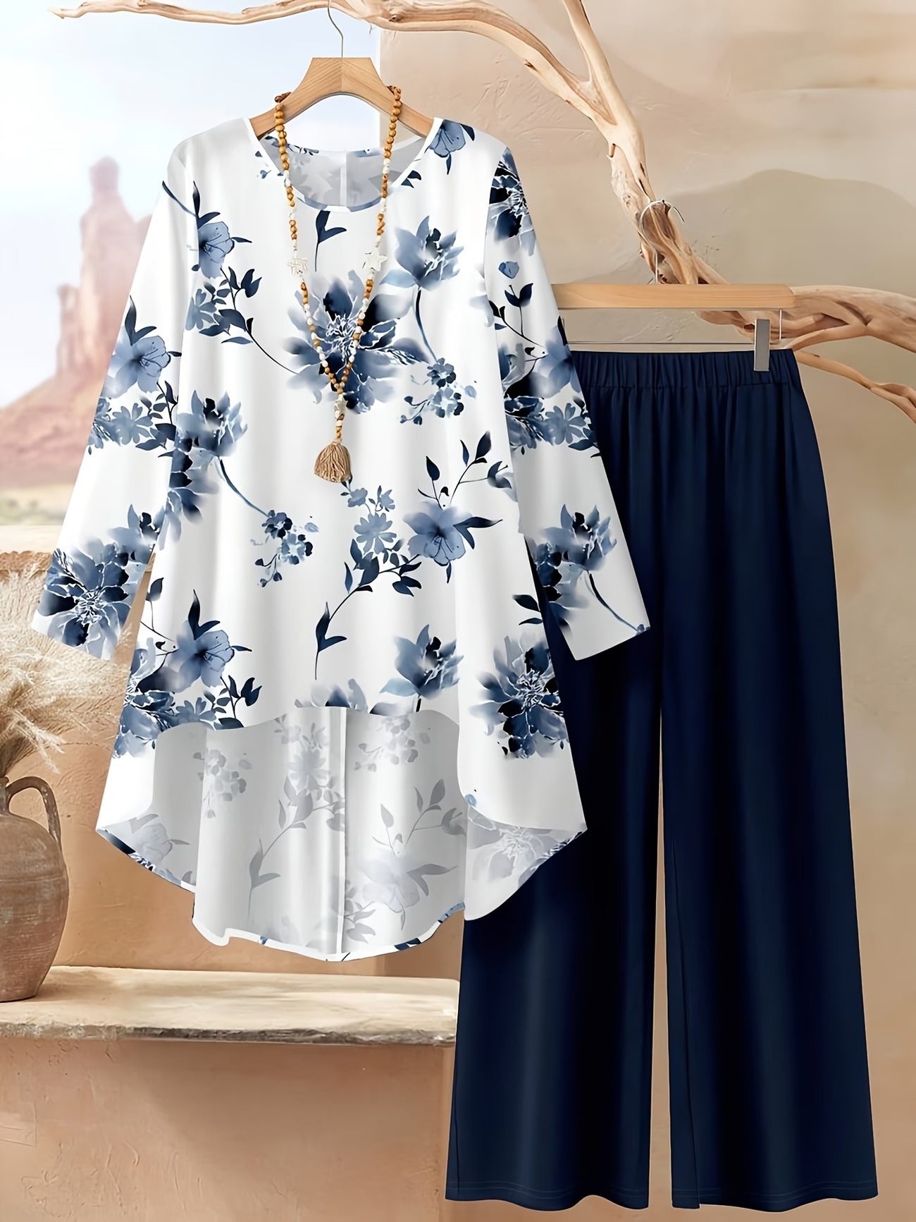 Autumn And Winter Women'S Vacation Printed Elegant Casual Loose Long-Sleeve Top And Pants Two-Piece Set for Fall