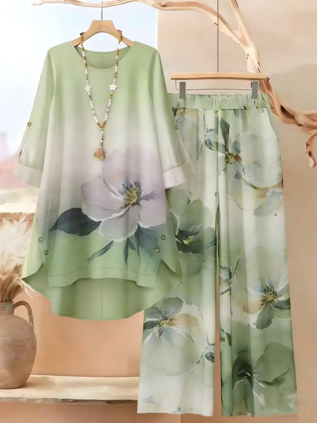 Asymmetrical Top with Floral Gradient Printed Wide-Leg Pants | Bohemian Everyday Style