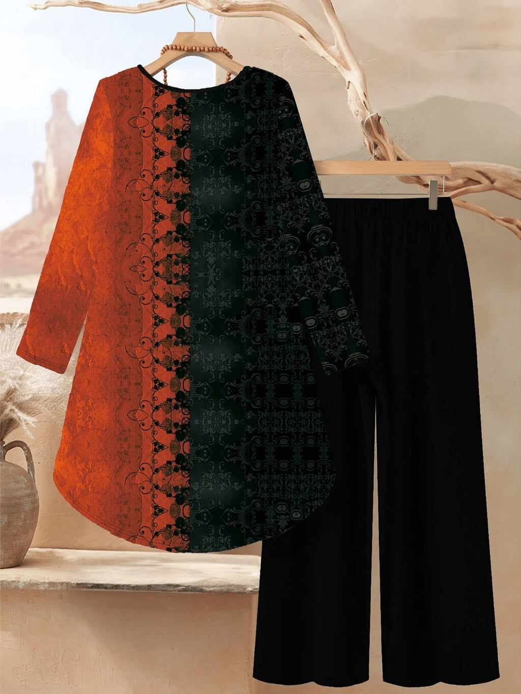 Autumn And Winter Women'S Vacation Printed Elegant Casual Loose Long-Sleeve Top And Pants Two-Piece Set for Fall