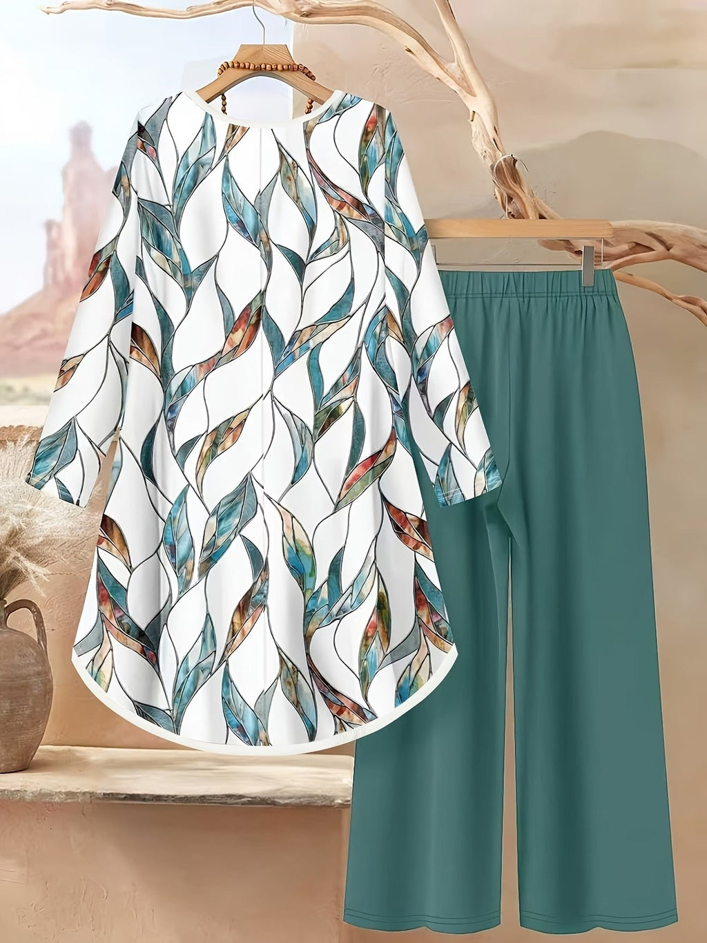 Autumn And Winter Women'S Vacation Printed Elegant Casual Loose Long-Sleeve Top And Pants Two-Piece Set for Fall