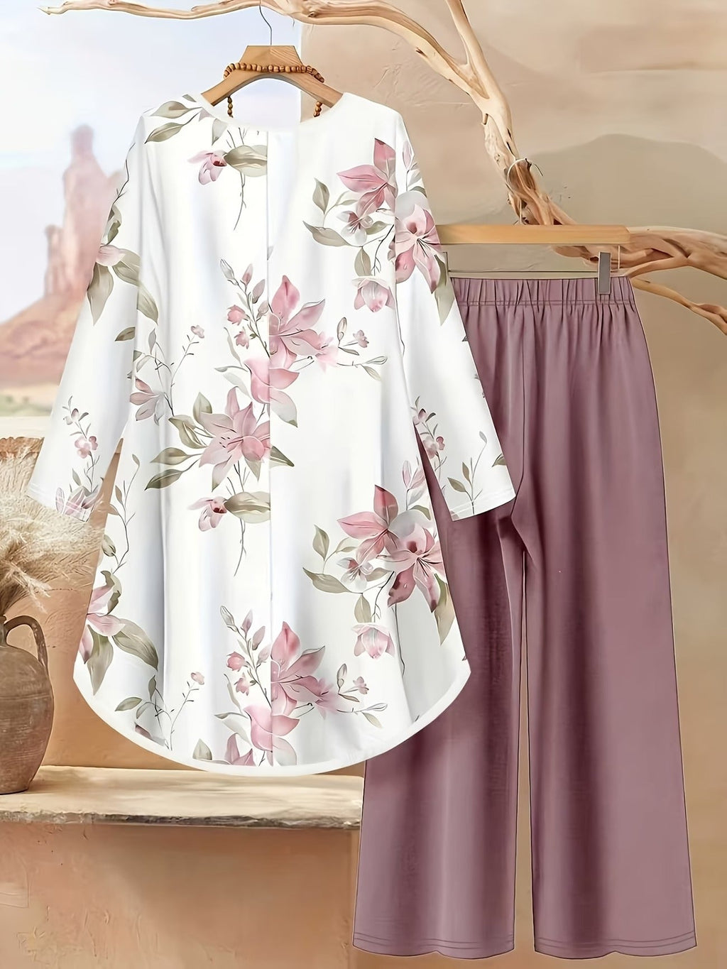 Autumn And Winter Women'S Vacation Printed Elegant Casual Loose Long-Sleeve Top And Pants Two-Piece Set for Fall
