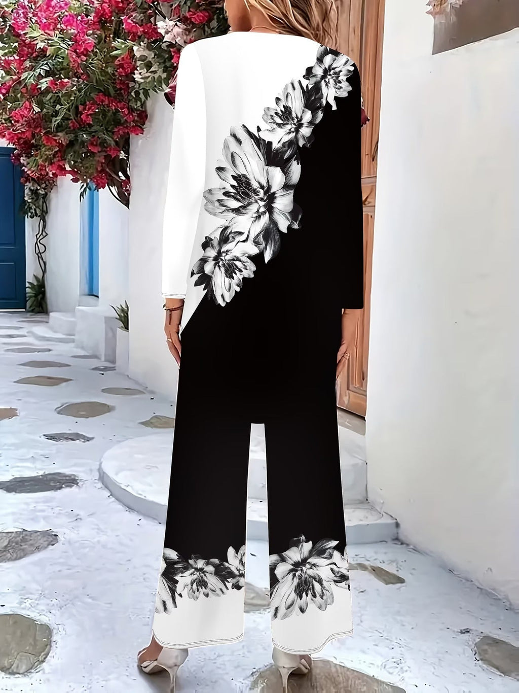 Autumn And Winter Women'S Vacation Printed Elegant Casual Loose Long-Sleeve Top And Pants Two-Piece Set for Fall