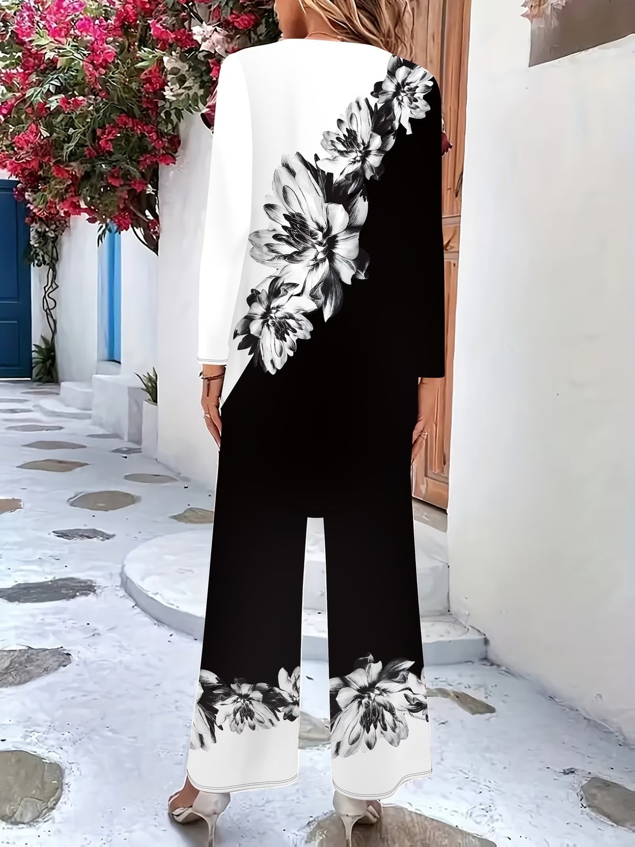 Autumn And Winter Women'S Vacation Printed Elegant Casual Loose Long-Sleeve Top And Pants Two-Piece Set for Fall