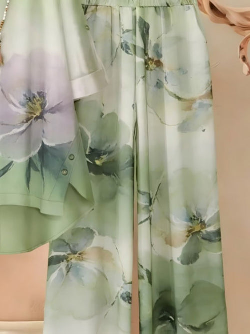 Asymmetrical Top with Floral Gradient Printed Wide-Leg Pants | Bohemian Everyday Style